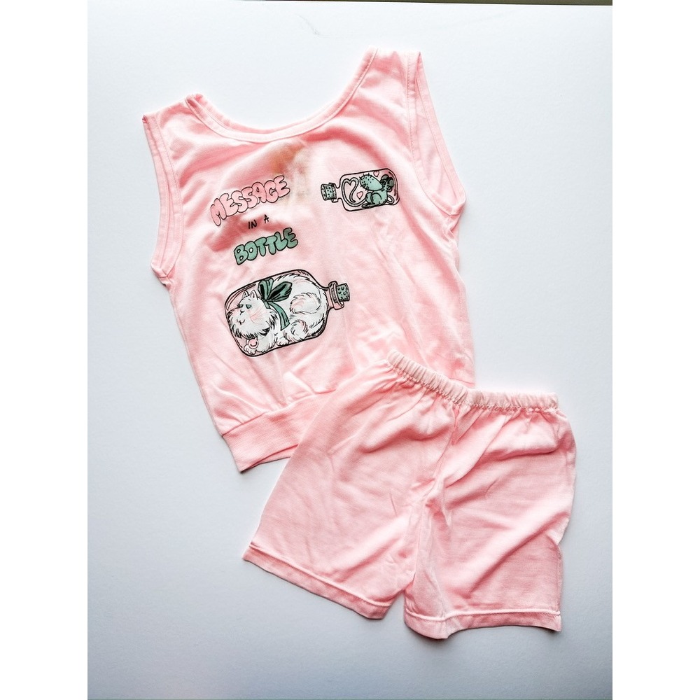 Vintage "Message in a Bottle" Cat Mouse Tank Top Shorts Pajama Set Sleepwear